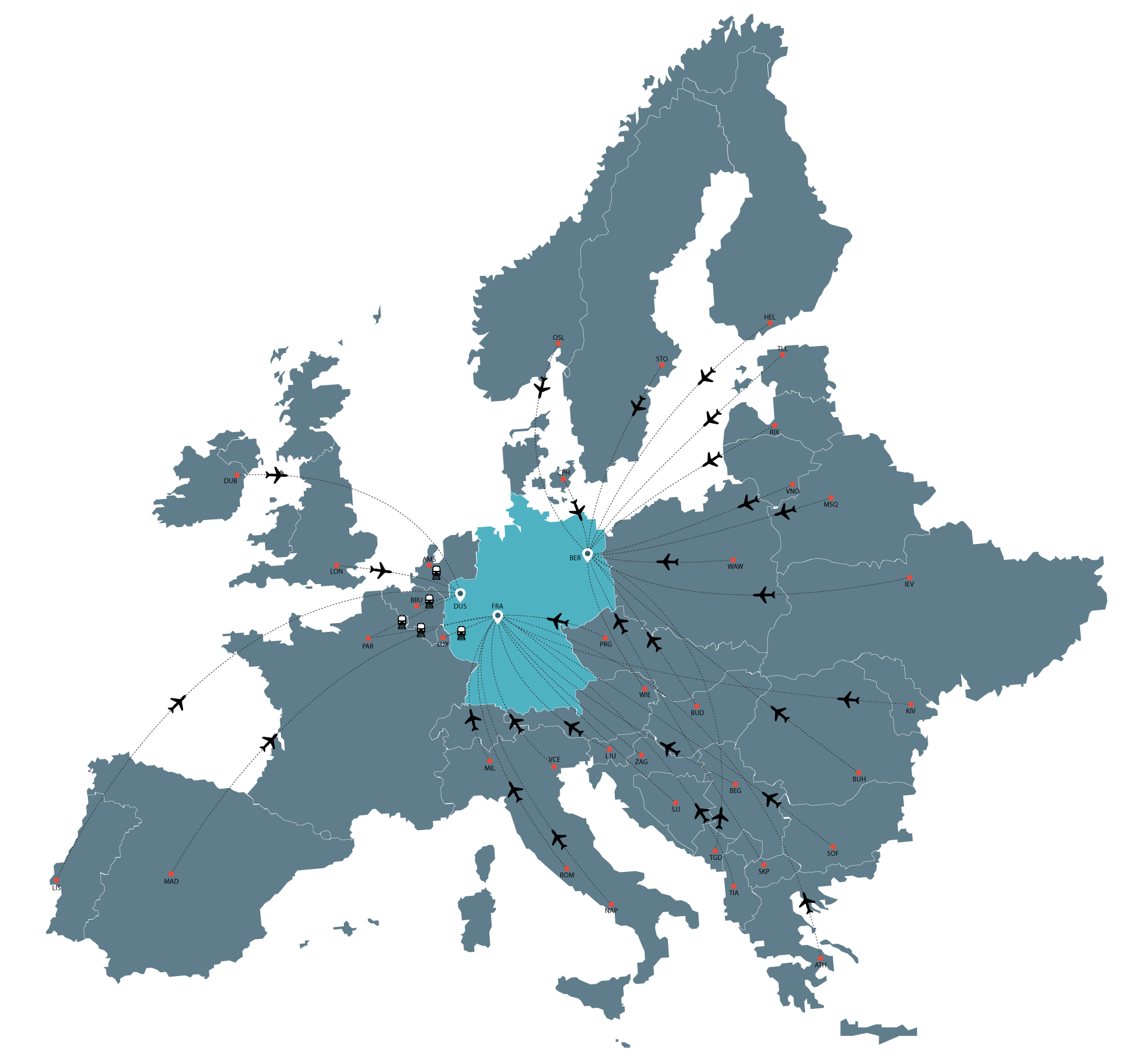 Lipocenter clinics in Berlin, Duesseldorf and Frankfurt with flight connections across Europe